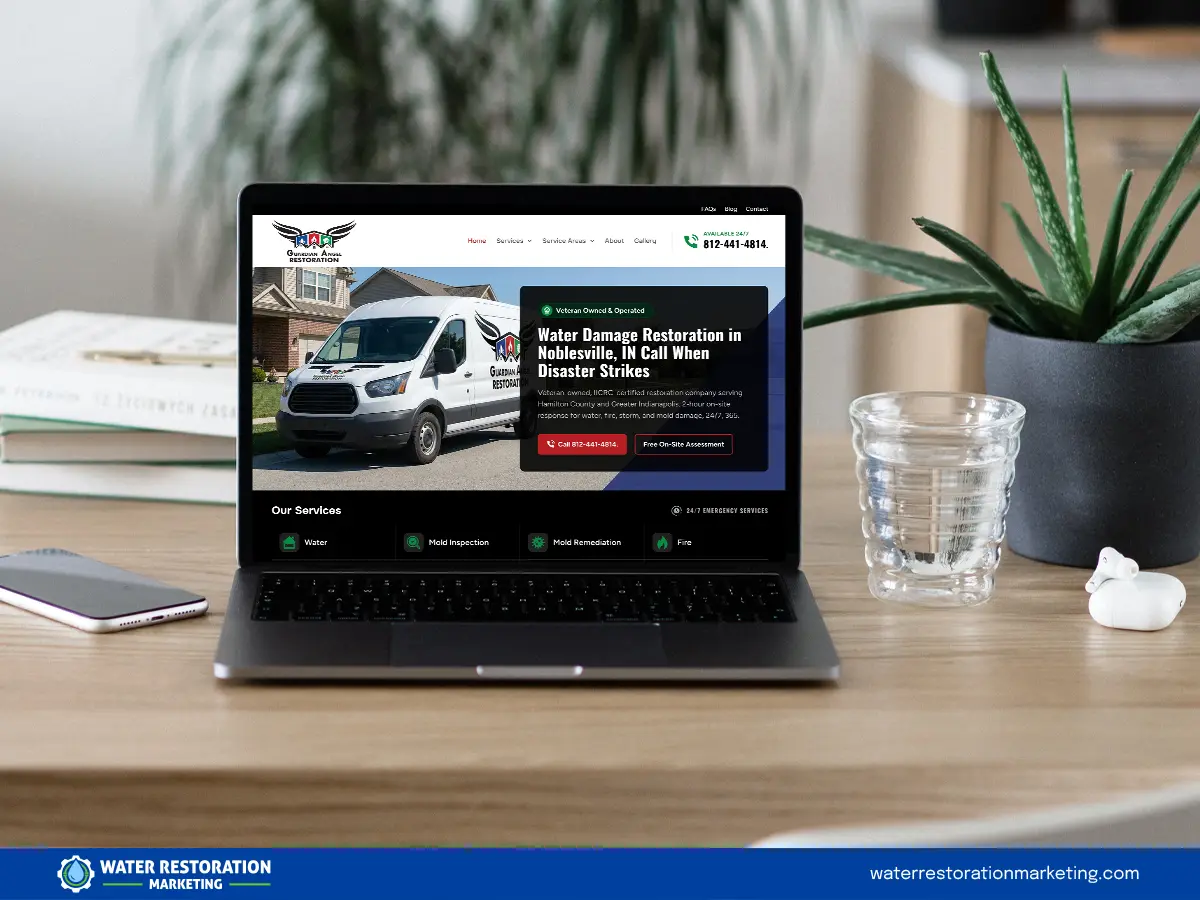 Laptop on a table with client's website homepage pulled up