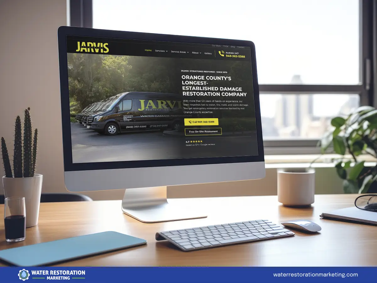 Laptop on a table with client's website homepage pulled up