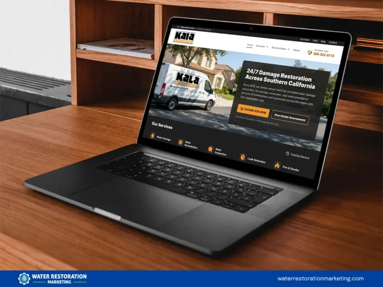 Laptop on a table with client's website homepage pulled up