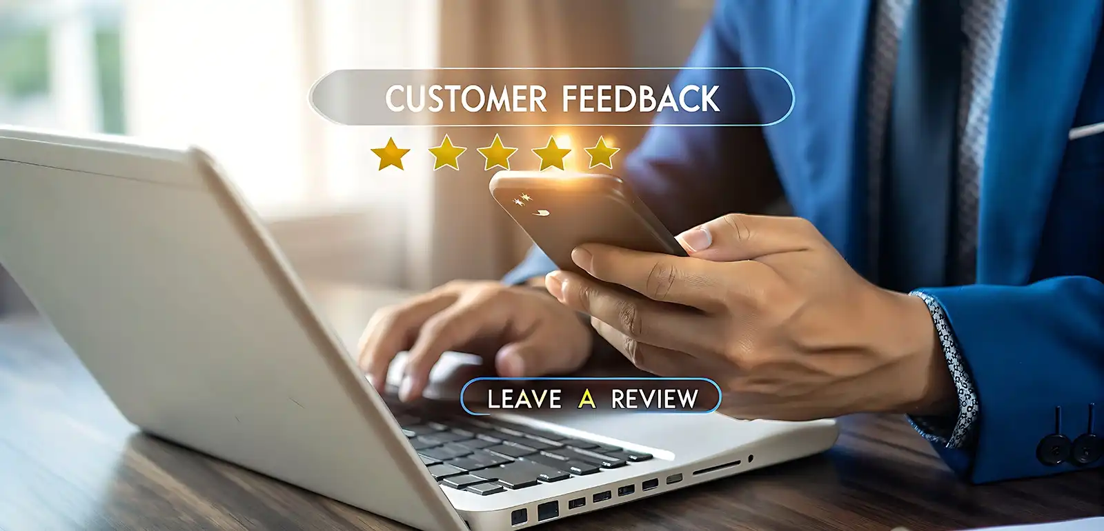 Businessman looking at positive feedback generated through packout reputation management