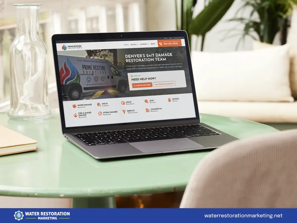 Laptop on a table with client's website homepage pulled up