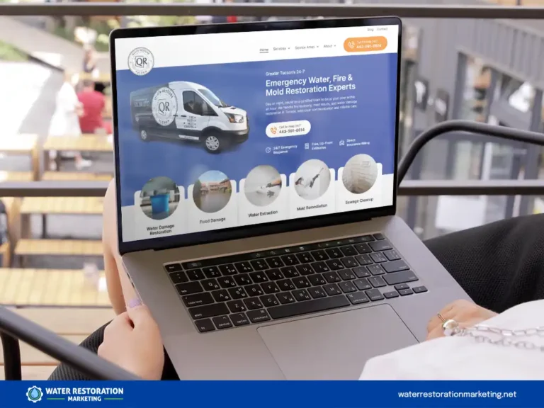 Laptop on a table with client's website homepage pulled up