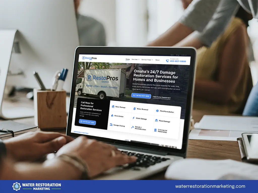 Laptop on a table with client's website homepage pulled up