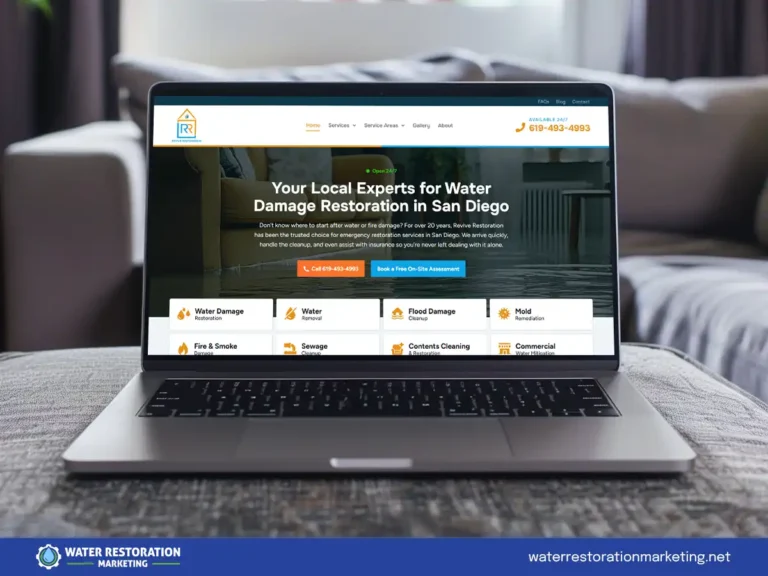 Laptop on a table with client's website homepage pulled up