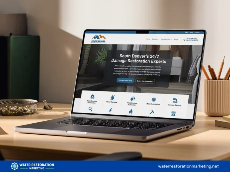 Laptop on a table with client's website homepage pulled up