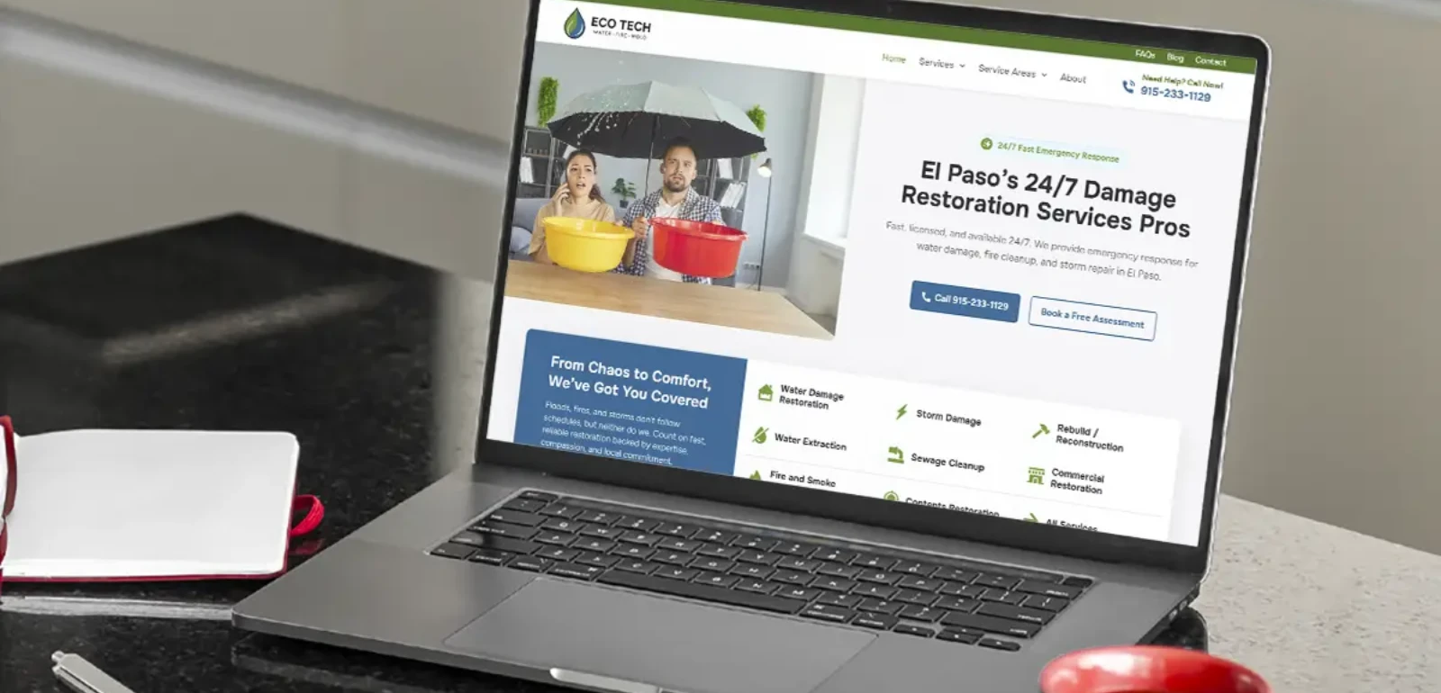 water damage website on a laptop