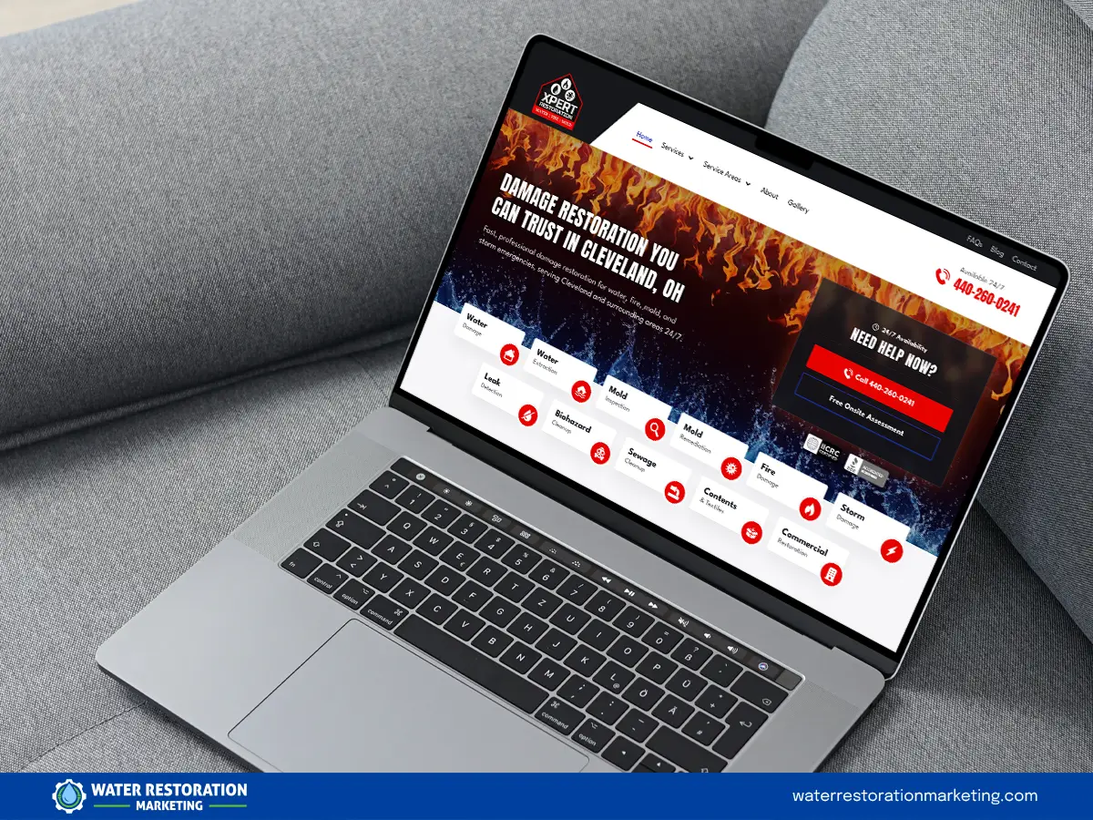 Laptop on a table with client's website homepage pulled up